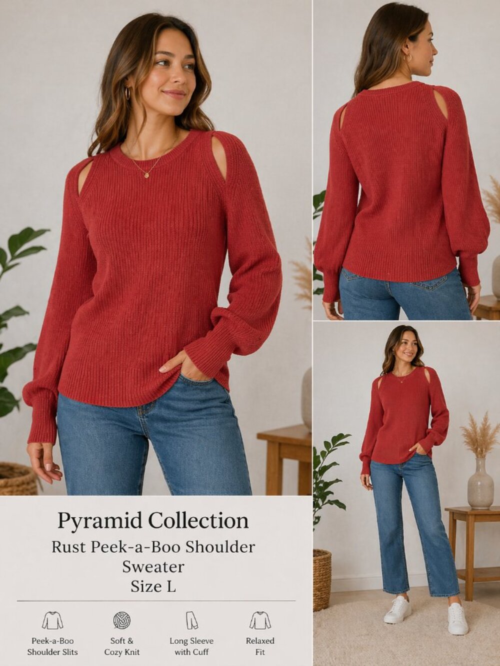 Pyramid Collection Orange/Rust Peek-a-Boo Shoulder Sweater Size L | Cozy Knit